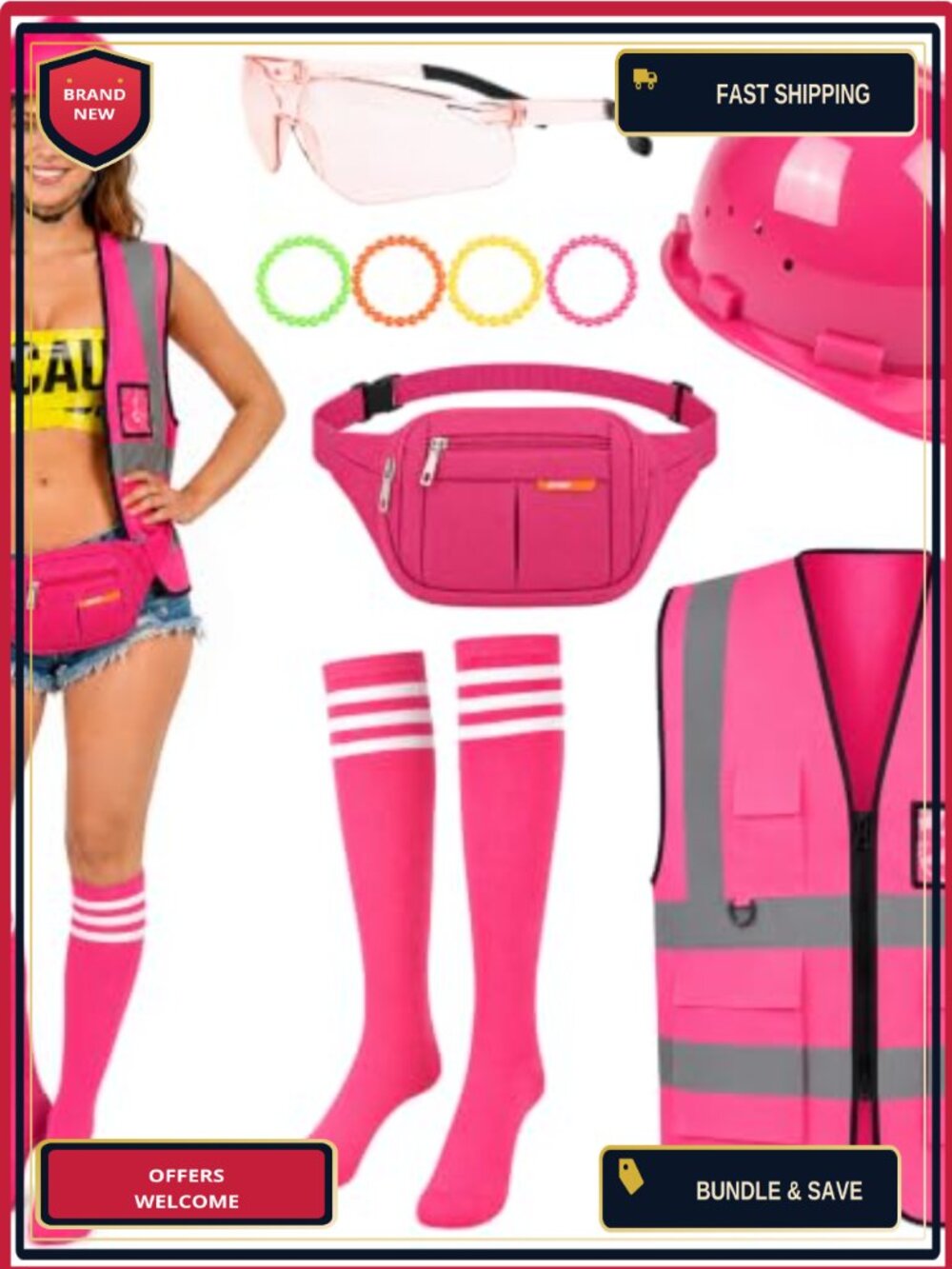 9Pc Construction Worker Costume Set Reflective Vest Hat Socks for Halloween